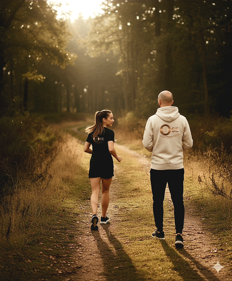 Coach accompagnant une coureuse sur un sentier en forêt